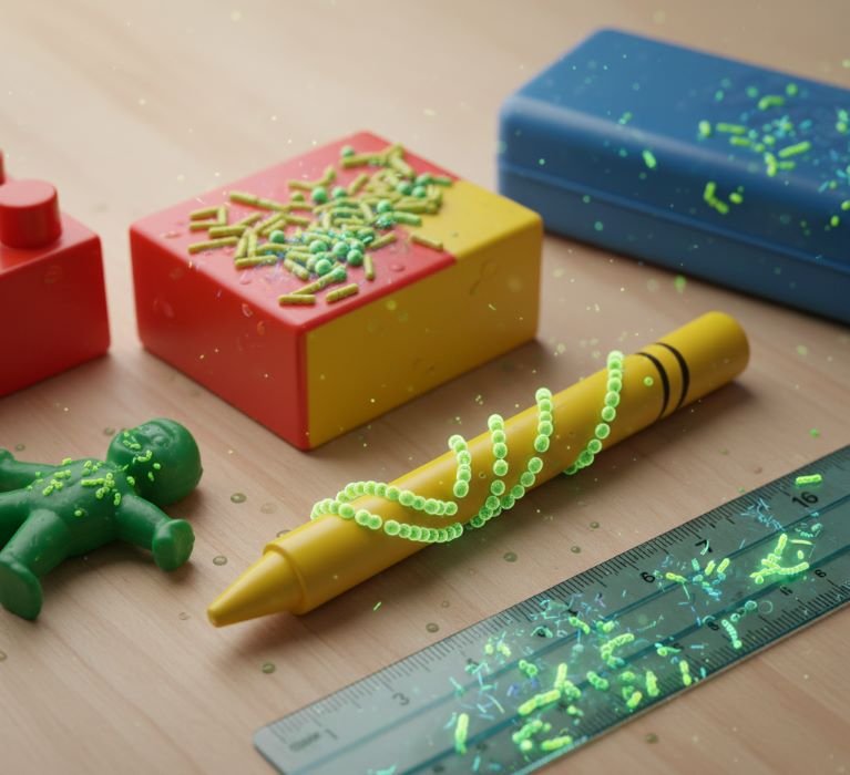 bacteria on children toys and stationery plastic surfaces