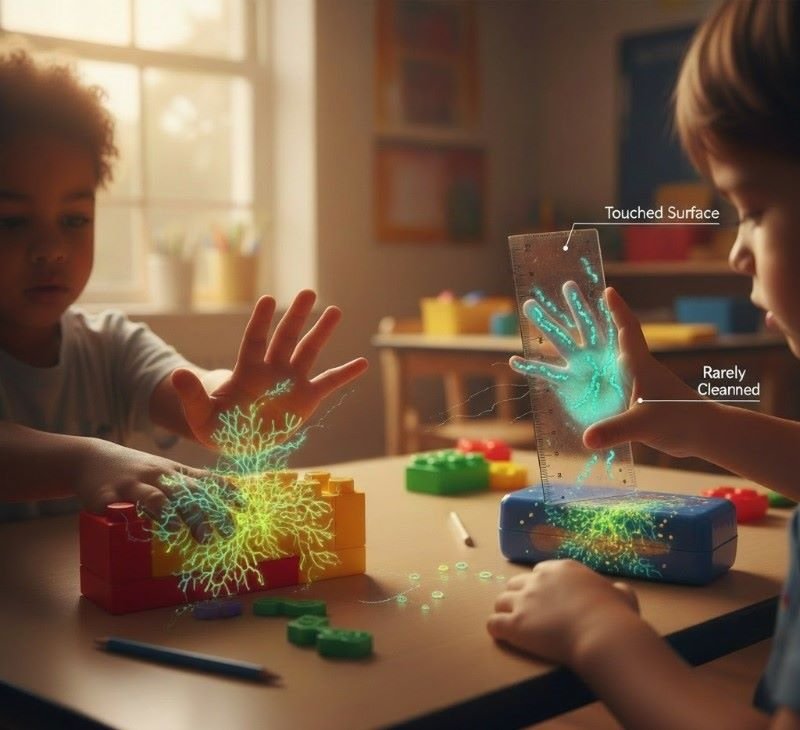 invisible bacteria on plastic toy surfaces children touch